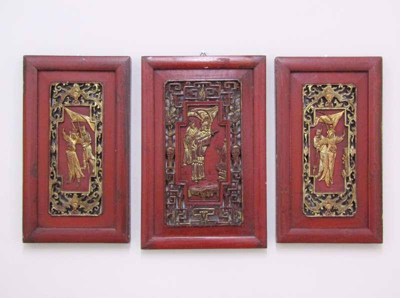 Oriental Part-Gilt & Lacquer Triptych Carved Panels