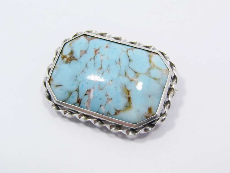 A Lovely Turquoise art Glass Brooch in Sterling Silver