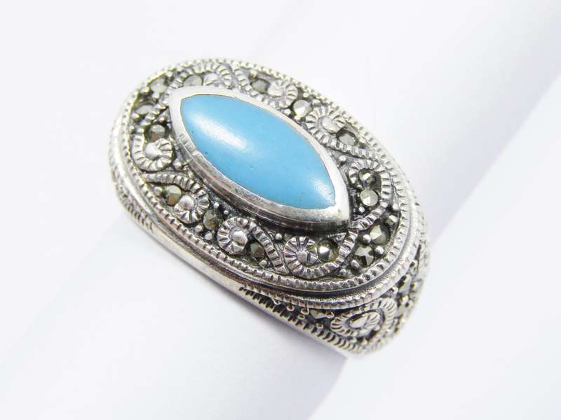 A Beautiful Chunky Blue Enamel Ring With Marcasite's  in Sterling Silver