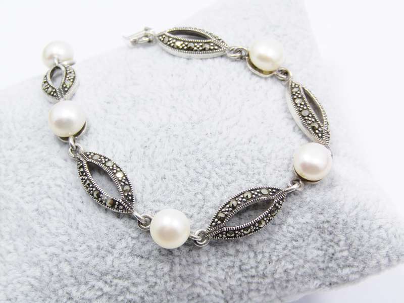 A Beautiful Vintage Design Fresh Water Pearl and Marcasite Bracelet  in Sterling Silver