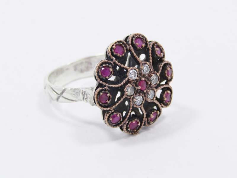 A Lovely Two Tone Eastern Design Ring With Pink and Clear Paste Stones in Sterling Silver.