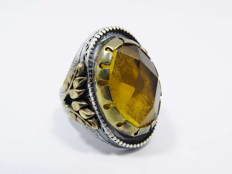 A Beautiful Chunky Two Tone Ring with a Large Yellow paste Stone in Sterling Silver