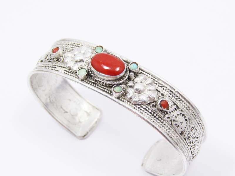 A Gorgeous Textured Cuff with Coral and Turquois Stones in Sterling Silver