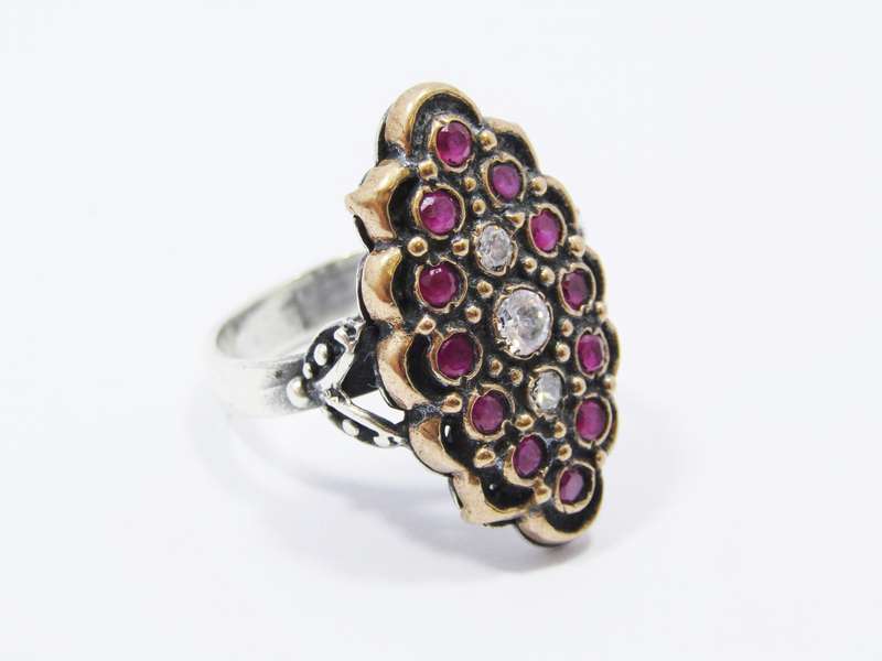 A Gorgeous Two Tone Eastern Design Ring Set With Red and clear Crystals Ring in Sterling Silver