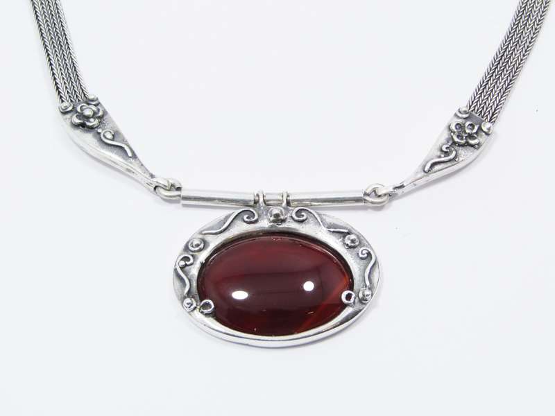 A Gorgeous and Oh So Different Carnelian Belt Design Necklace in Sterling Silver.