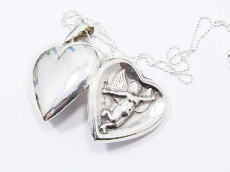 A Gorgeous Large Cherub Heart Locket on Chain in Sterling Silver