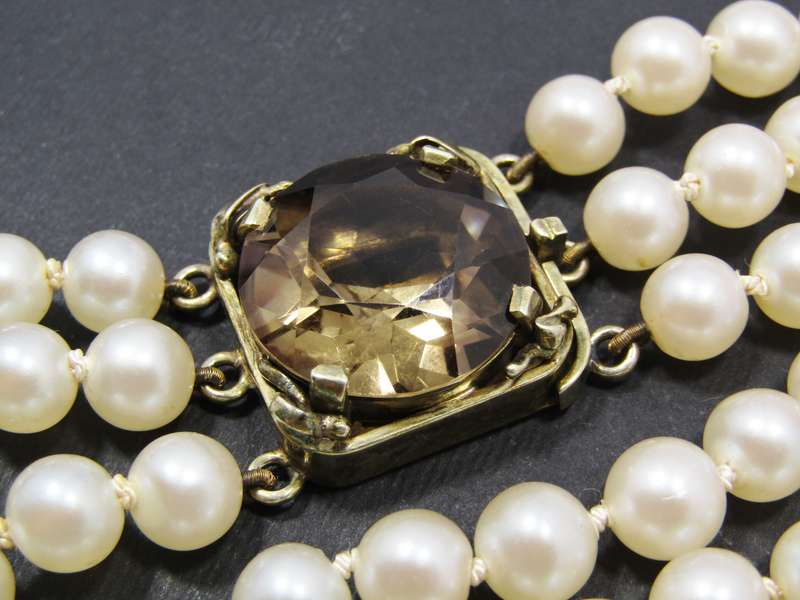 Beautiful! Vintage Smoky Quartz & Silver Necklace with Faux Pearls