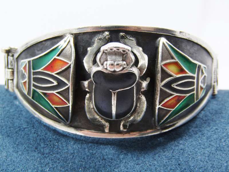 Vintage Egyptian Silver & Enamel Hinged Bangle