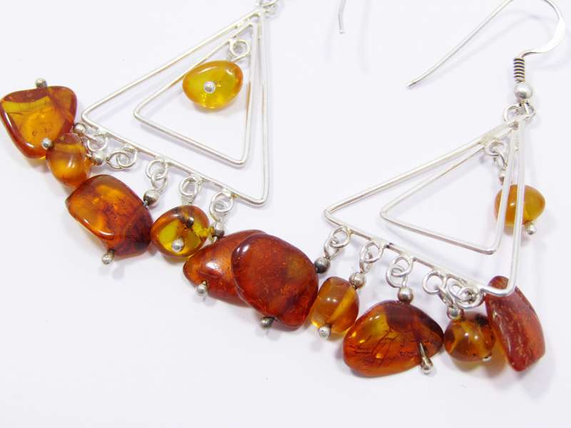 A Stunning Pair of Triangle Design Dangling Earrings With Amber in Sterling Silver.