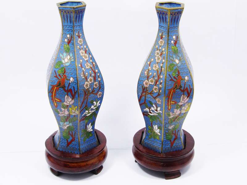 Pair of Finely Made Hexagonal Cloisonne Vases on Stands