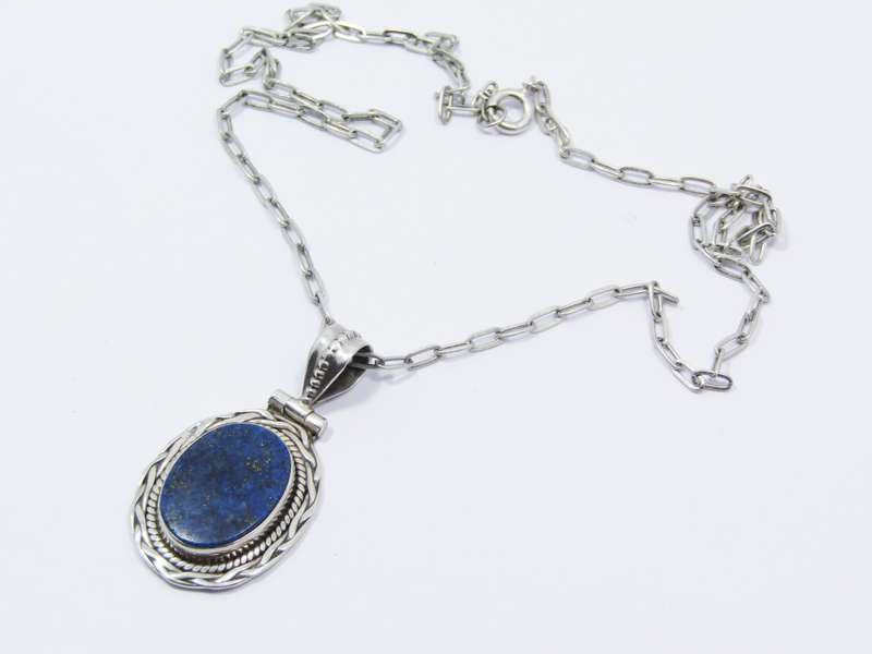 A Lovely Medium size Lapis Lazuli Pendant on Chain In Sterling Silver.