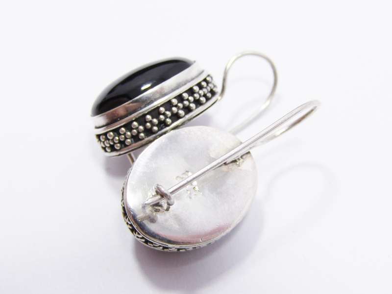 A Gorgeous Pair of Oval Black Stone Earrings in Sterling Silver