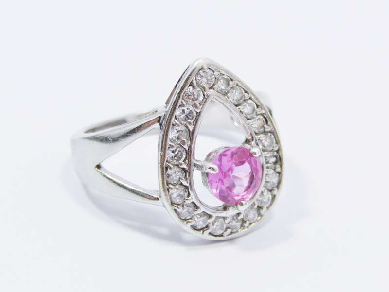 A Lovely Pear Shape Pink Zirconia Ring set in Sterling Silver.