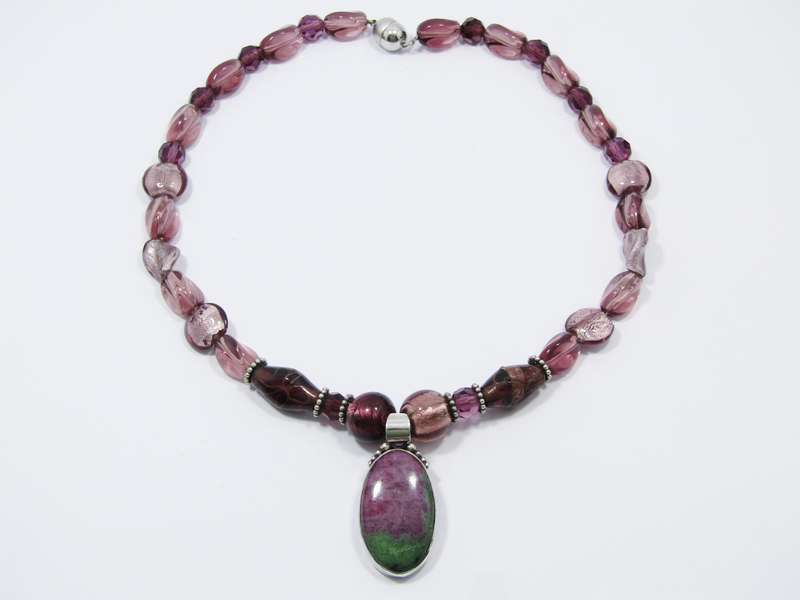 Lovely Murano Glass Necklace with Silver & Gemstone Pendant