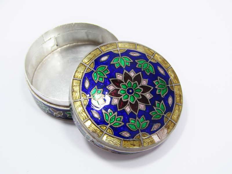 Vintage Sterling Silver & Enameled Large Pill Box