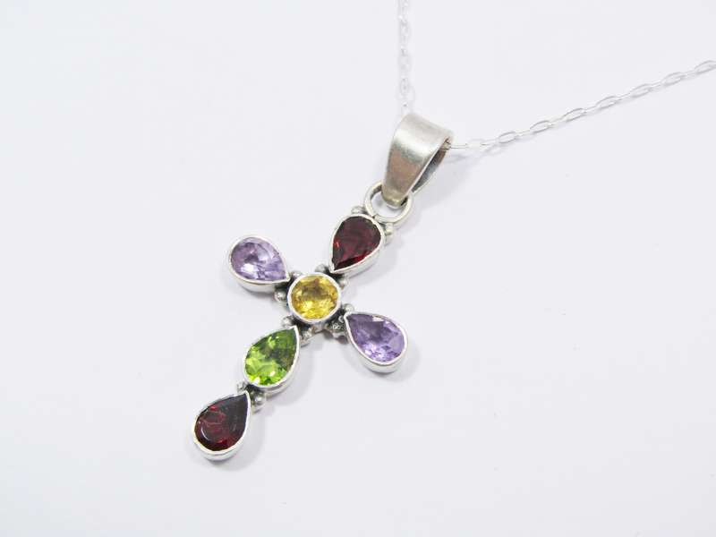 A Lovely Gemstone Cross On Chain in Sterling Silver.