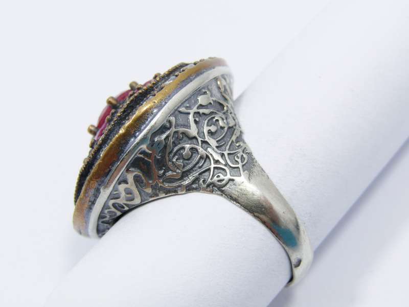 A Gorgeous Huge Eastern Design Ring Set With Pink, Green and White Crystals in Sterling Silver.