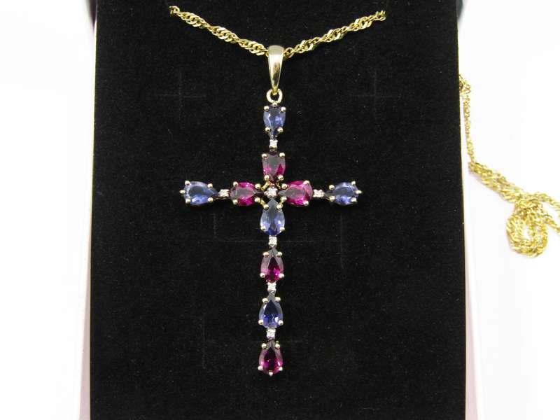 Stunning! 9CT Yellow Gold, Iolite & Garnet Cross Necklace