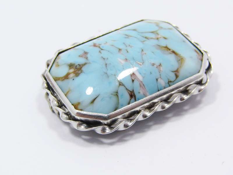 A Lovely Turquoise art Glass Brooch in Sterling Silver