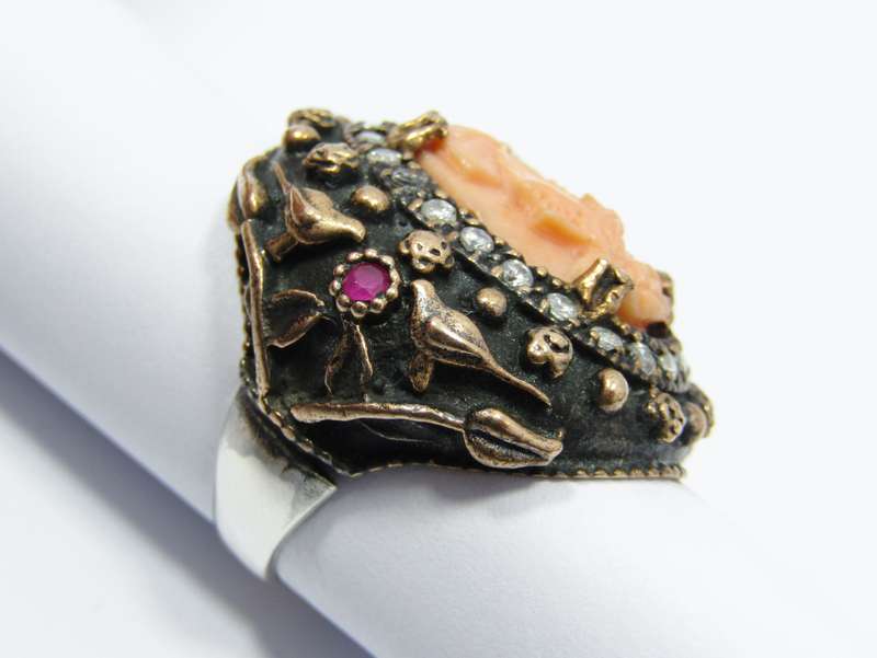 Beautiful! Carved Coral Cameo with Bronze and Silver Detail Ring