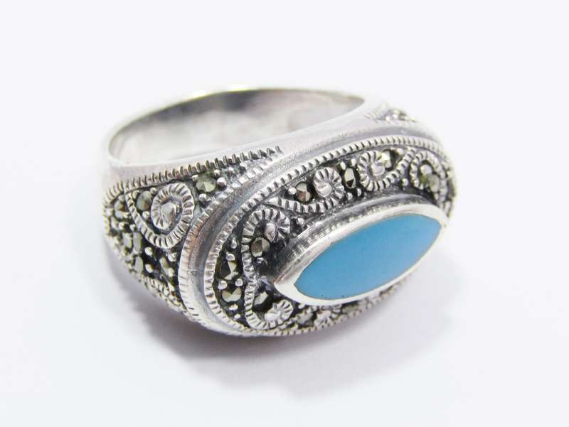 A Beautiful Chunky Blue Enamel Ring With Marcasite's  in Sterling Silver