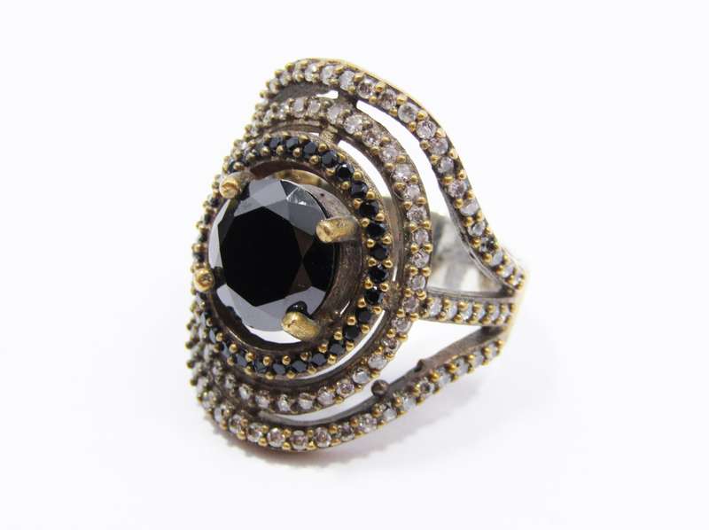 A Gorgeous Two Tone Black and Clear Crystal Ring in Sterling Silver.