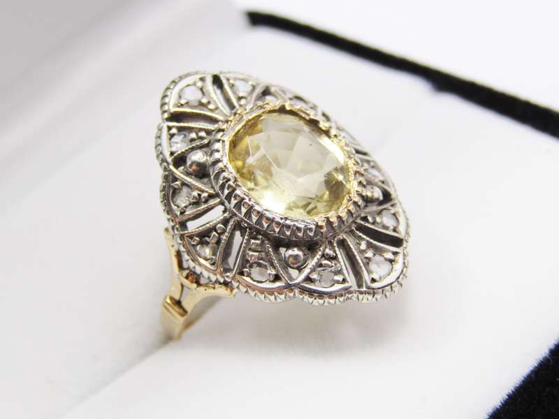 Beautiful! Antique 18CT Gold, Silver, Citrine & Diamond Ring