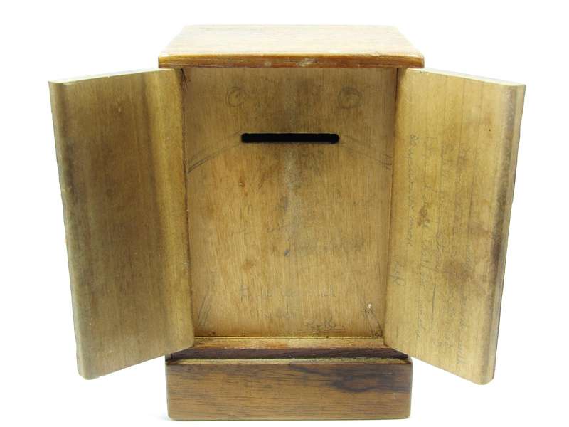 Beautiful Vintage Treen Inlaid Wood Safety Bank