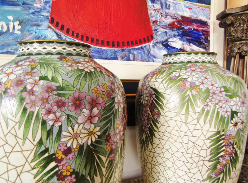 Exquisite! Pair of Beautiful Mosaic Design Large Cloisonne Vases