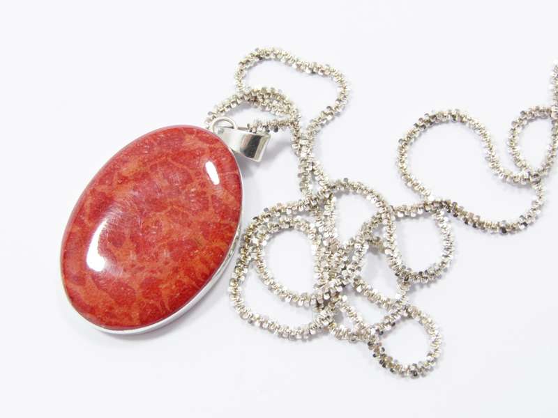 A Stunning Coral Pendant on Chain in Sterling Silve