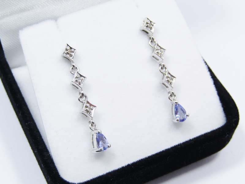 Beautiful 9CT White Gold & Tanzanite Dangling Earrings