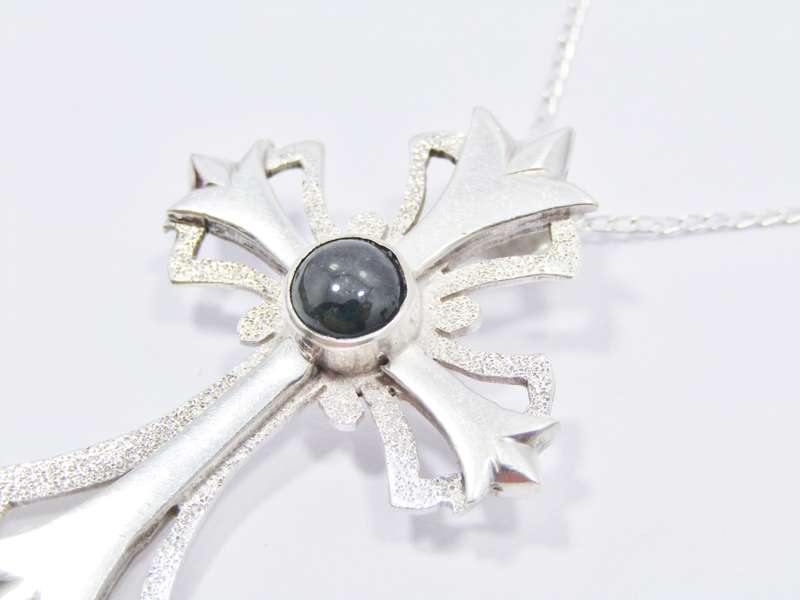 A Gorgeous Textured Tourmaline Stone Cross on Chain in Sterling Silve