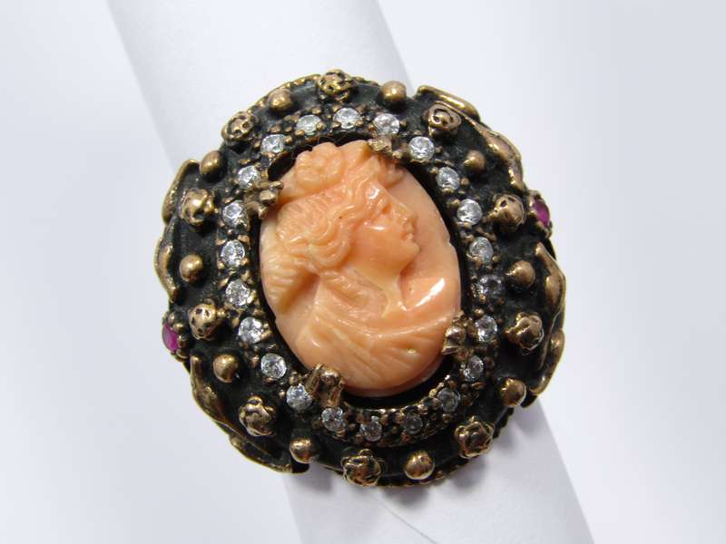 Beautiful! Carved Coral Cameo with Bronze and Silver Detail Ring