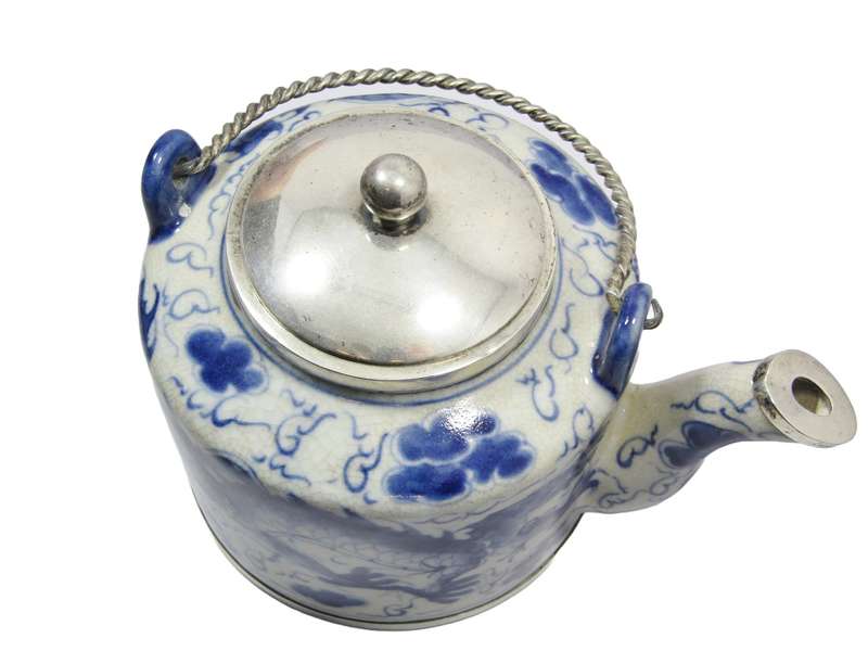 Exquisite! Vintage Oriental Blue & White & Silver Mounts Teapot