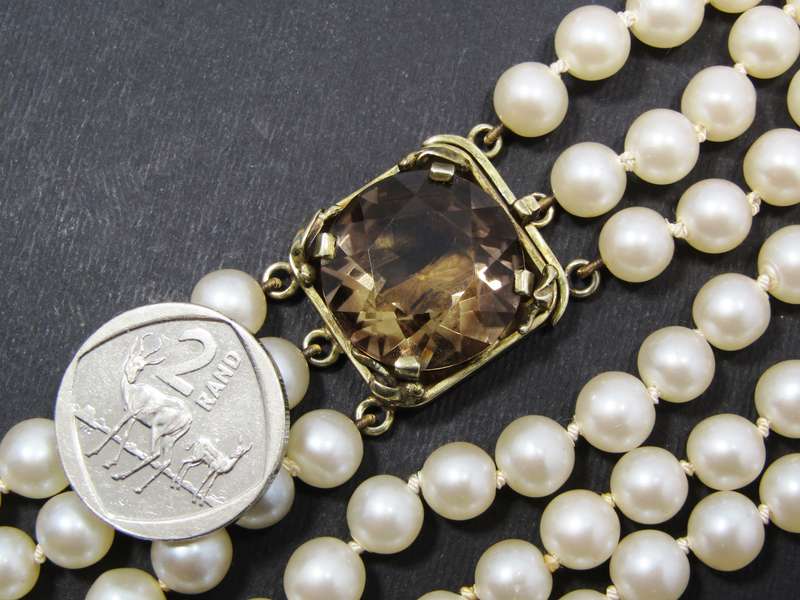 Beautiful! Vintage Smoky Quartz & Silver Necklace with Faux Pearls