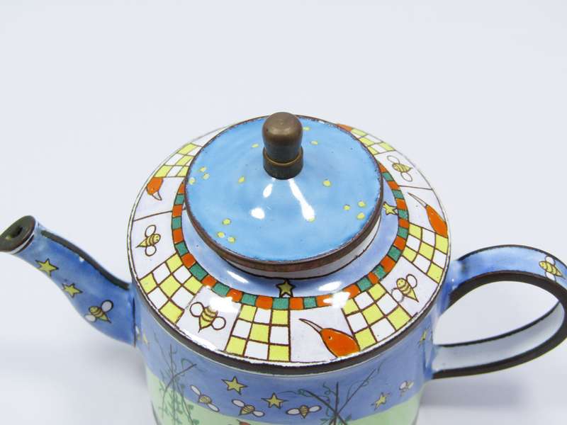 Miniature Copper, Enamel and Hand-Painted Teapot