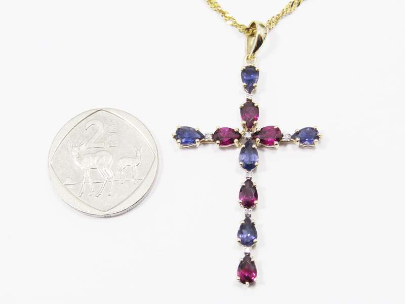 Stunning! 9CT Yellow Gold, Iolite & Garnet Cross Necklace