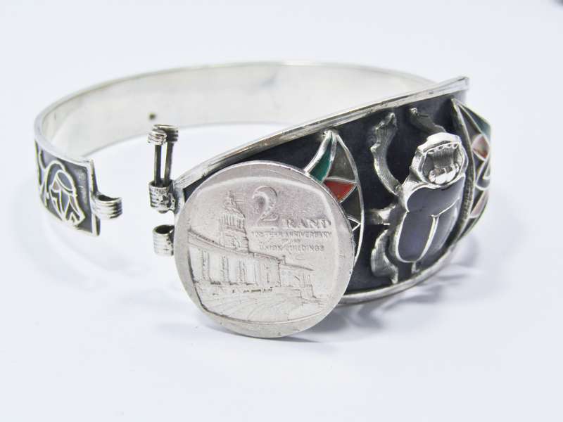 Vintage Egyptian Silver & Enamel Hinged Bangle
