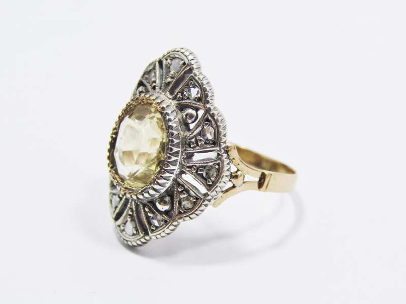 Beautiful! Antique 18CT Gold, Silver, Citrine & Diamond Ring