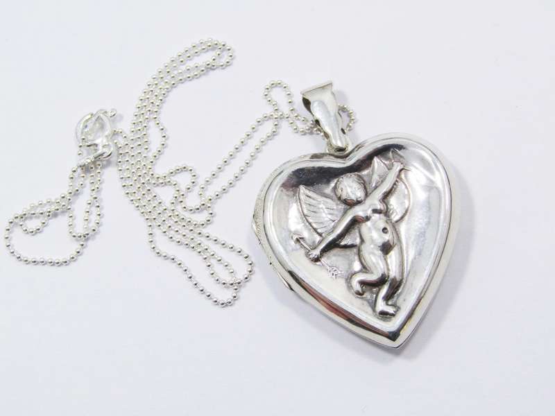 A Gorgeous Large Cherub Heart Locket on Chain in Sterling Silver