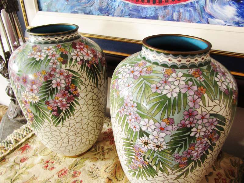 Exquisite! Pair of Beautiful Mosaic Design Large Cloisonne Vases
