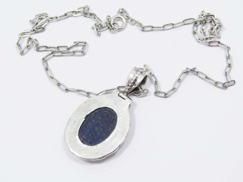 A Lovely Medium size Lapis Lazuli Pendant on Chain In Sterling Silver.