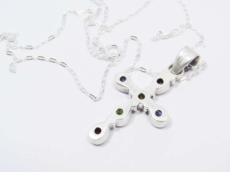 A Lovely Gemstone Cross On Chain in Sterling Silver.