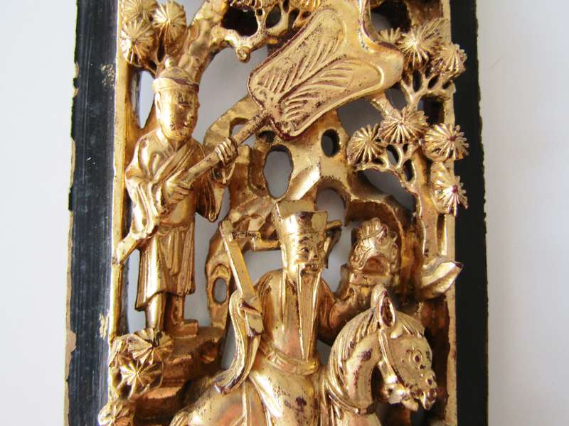 Antique Oriental Wooden Carved Panel with Gilt Details