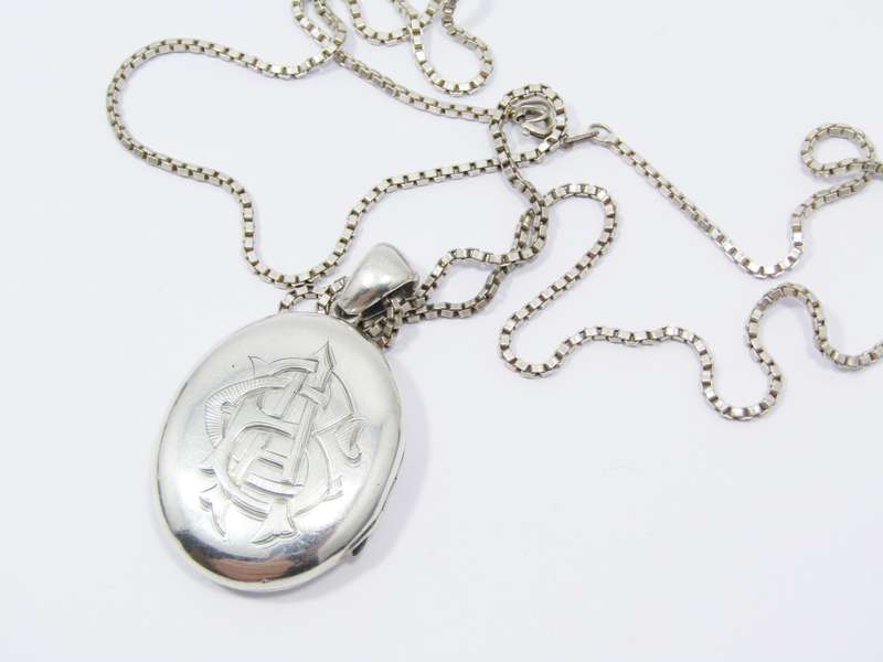 Antique Monogrammed Sterling Silver Locket Necklace