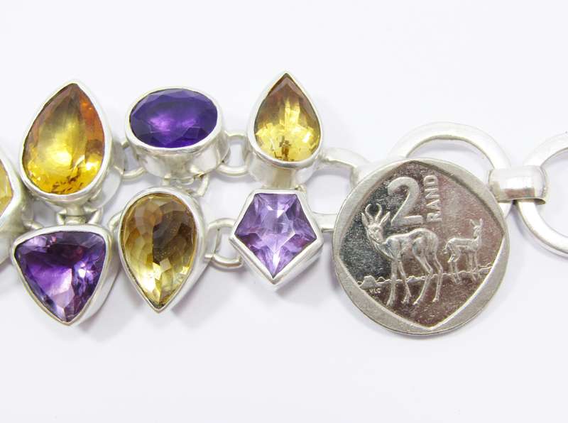 A Stunning Huge Gemstone Bracelet Bracelet Set with Amethysts and Citrines in Sterling Silver.