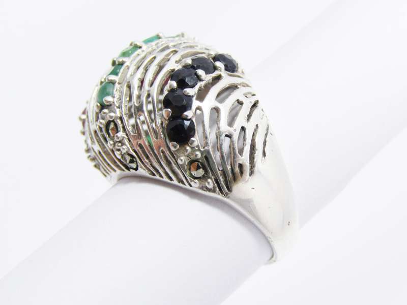 A Gorgeous Filigree Domed Ring Set With Opaque Gemstones in Sterling Silver.