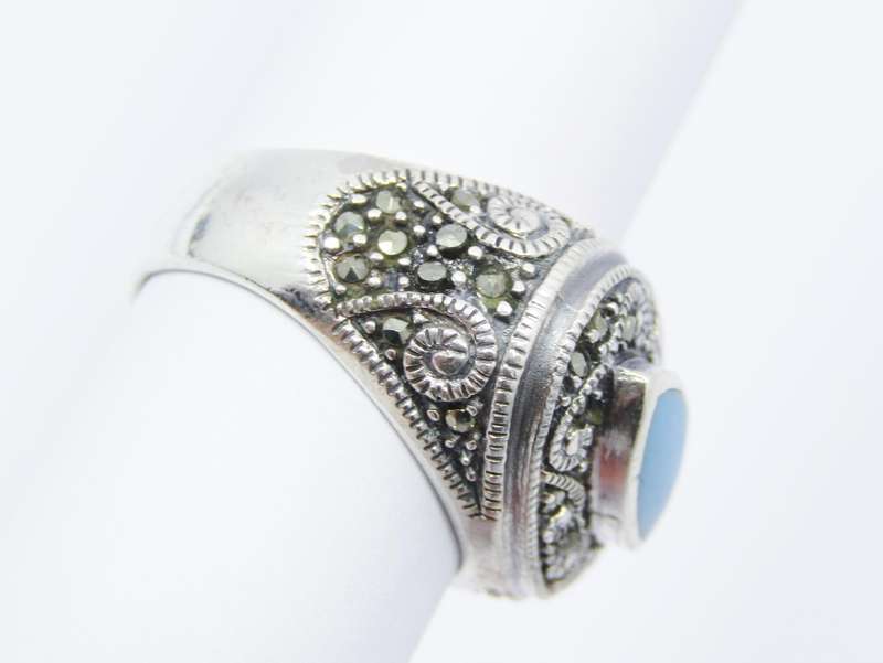 A Beautiful Chunky Blue Enamel Ring With Marcasite's  in Sterling Silver