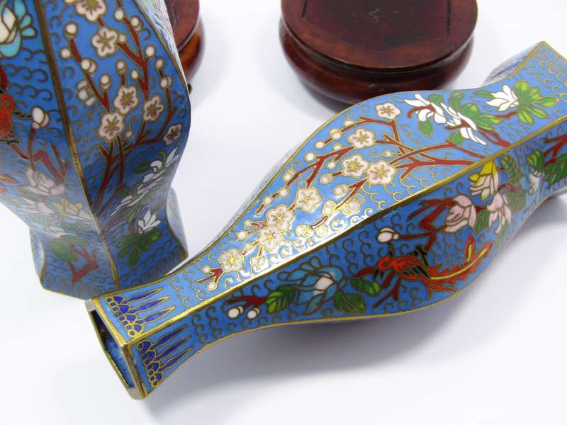 Pair of Finely Made Hexagonal Cloisonne Vases on Stands