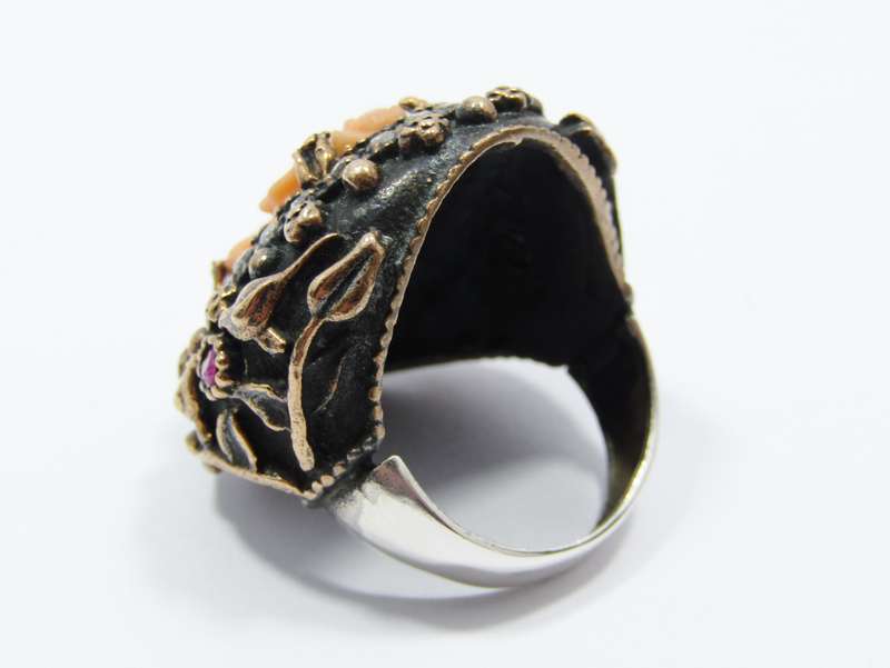 Beautiful! Carved Coral Cameo with Bronze and Silver Detail Ring